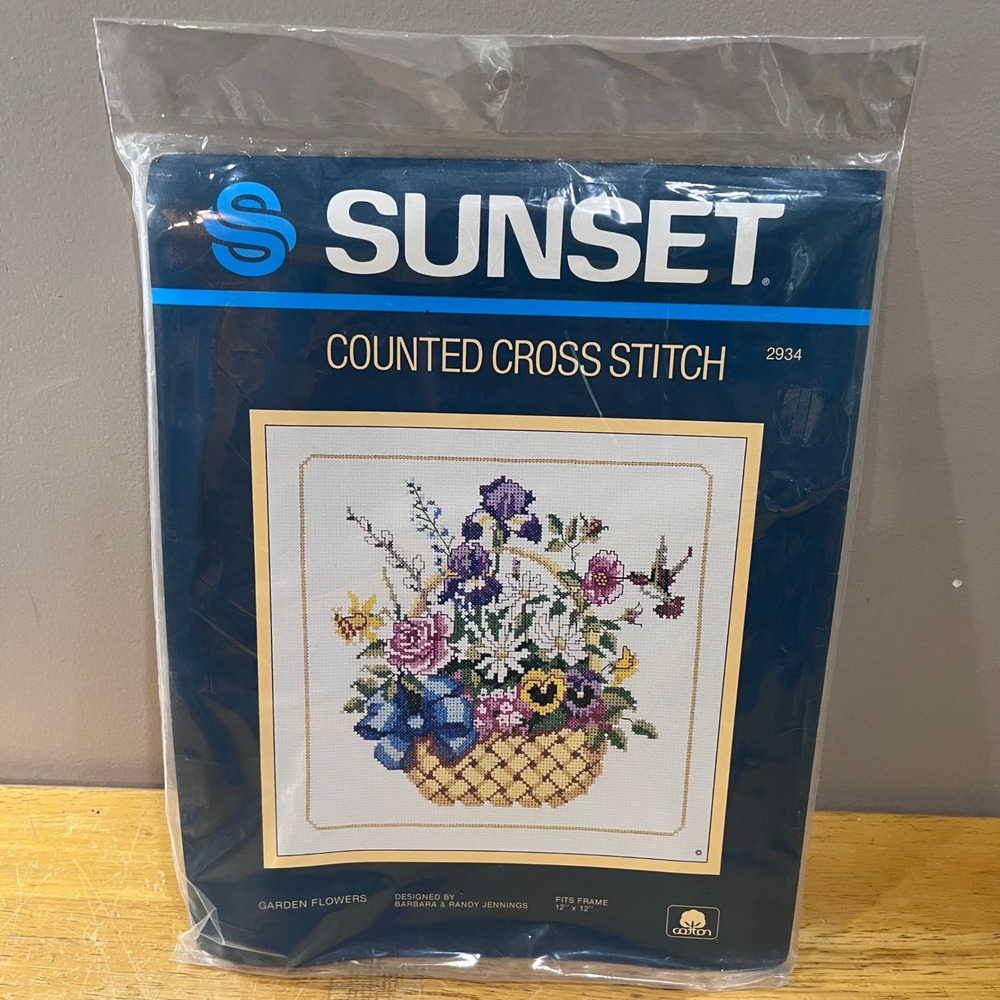 Vtg 1985 Sunset Garden Flowers Counted Cross Stitch Kit 2934 Floral Basket 12x12